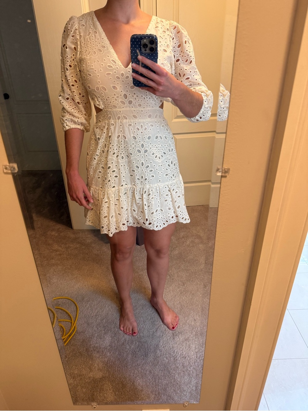 Express White Eyelet V-Neck Tiered Mini Dress